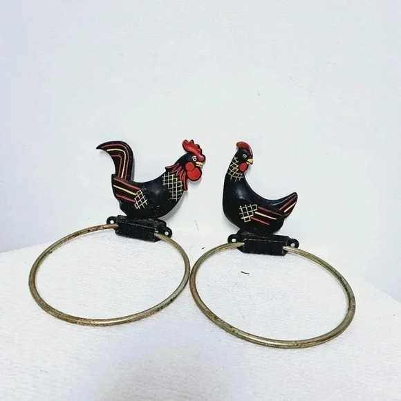 vintage rooster hen chicken round vintage towel bar iron - Picture 7 of 11